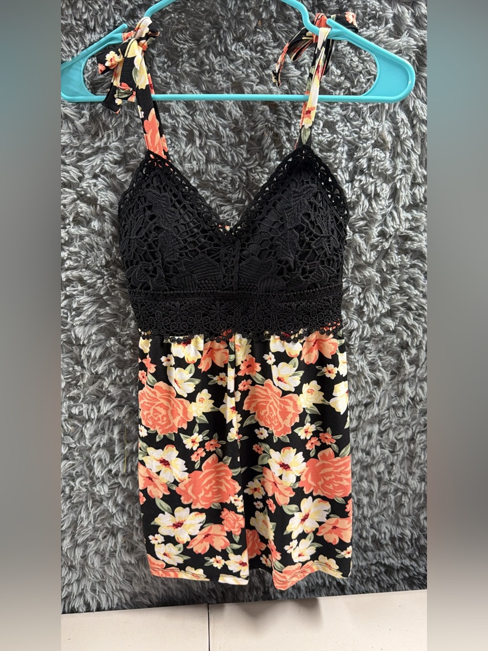 Black Floral Crochet Bust Romper  with Coral Roses